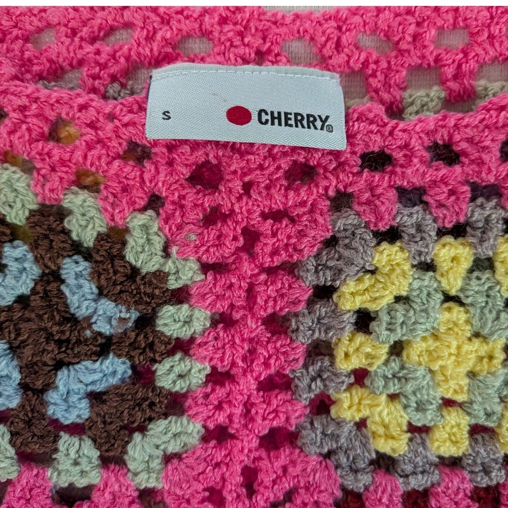 Cherry Pink Crochet Granny Square Tank Top Small Boho Festival Tassel Knit Cami - Picture 5 of 5